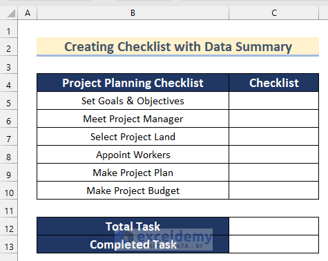 Create Checklist with Data Summary Applying COUNTIF Function in Excel
