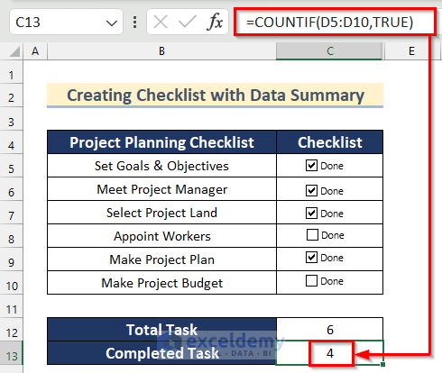 Using COUNTIF Function to Create an Excel Data Entry Form that Includes Checkboxes