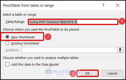 PivotTable from table or range window