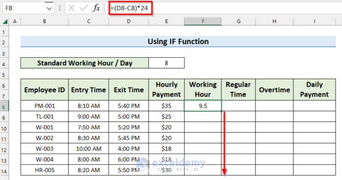 Dragging Fill Handle to Copy Payroll Overtime Formula in Excel