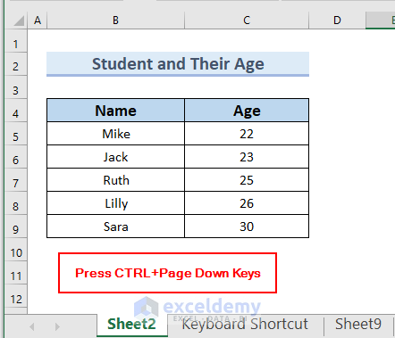 Press CTRL+Page Down Keys to Navigate Between Sheets in Excel 