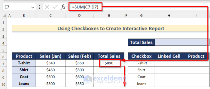 Using SUM Function to Create an Excel Data Entry Form that Includes Checkboxes