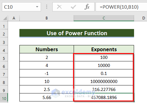 Result of Using Exponential Function POWER of Base 10 in Excel