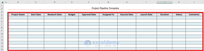 Create Table for Project Pipeline in Excel