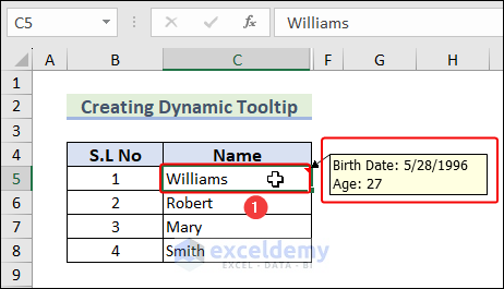 dynamic tooltip working when selecting and hovering the mouse over a cell in excel