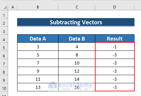 Subtracting Vectors for Excel Vector Formula