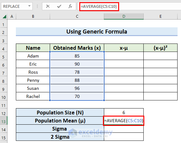 Find Population Mean to Calculate 2 Sigma in Excel