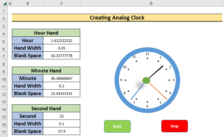 applying vba code create analog clock in excel