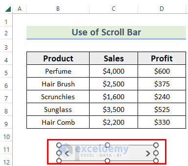 Inserted Scroll Bar for Chart Slider in Excel