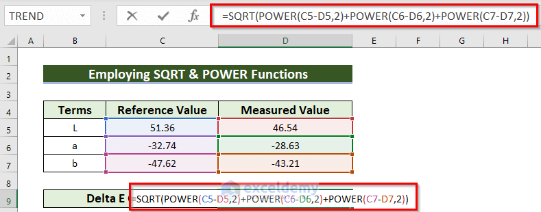 Merge SQRT & POWER Functions to Calculate Delta E in Excel
