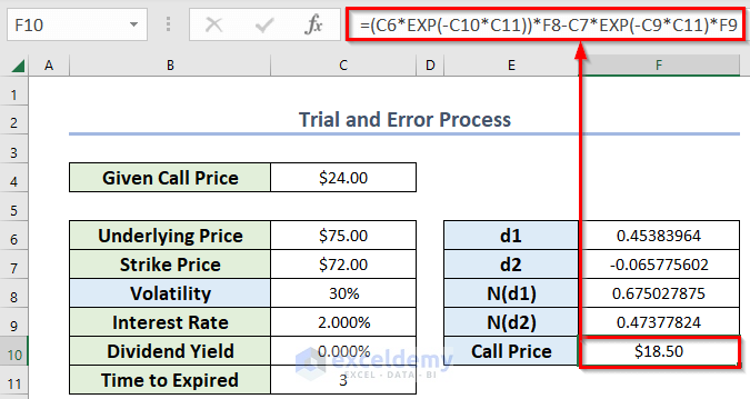 Calculate Call Price Using Black Scholes Formula in Excel