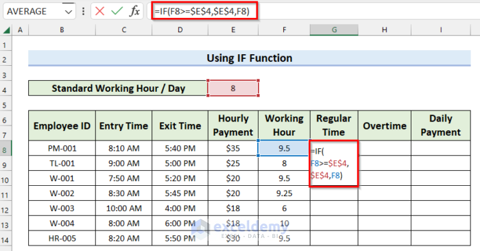 Using IF Function to Calculate Regula Time for Payroll Overtime formula in Excel