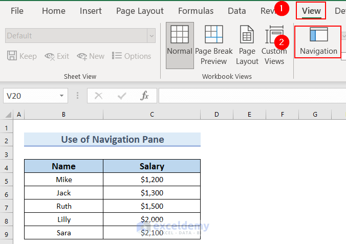 Use of Navigation Pane to Navigate Between Sheets in Excel 