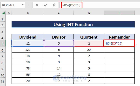 Determine Remainder in Excel to Separate Quotient and Remainder
