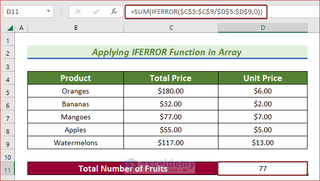 How to Combine SUM and IFERROR Functions in Array in Excel