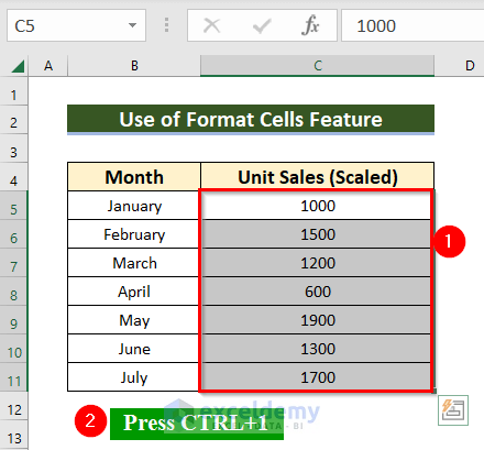 Use of Format Cells Feature for Scaling Numbers in Excel