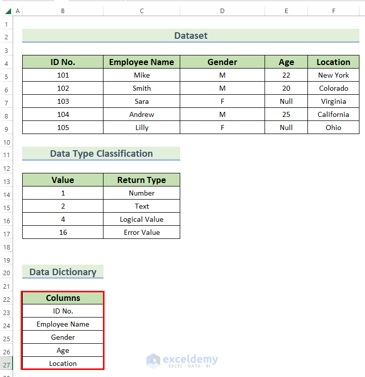 Inserting Columns for Data Dictionary in Excel