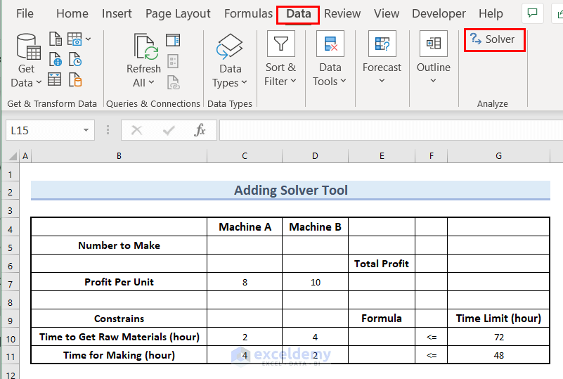 Inserting Solver Tool for Linear Optimization Model Excel
