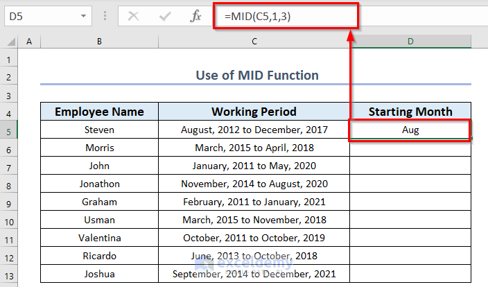 Emplee la función MID para truncar texto desde la izquierda en Excel