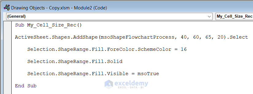 Excel VBA Code for Designing Cell Size Rectangle with a Solid Color