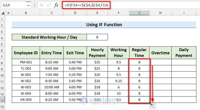 Dragging Fill Handle to Copy Regular Time Formula to Calculate Overtime Payroll in Excel