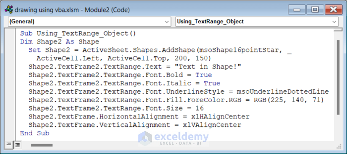 Use TextRange Object to Add Text in Shape in Excel Using VBA