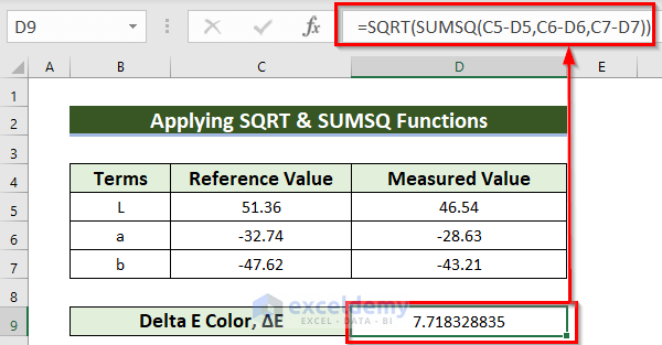 How to Calculate Delta E Color in Excel with Combination of Functions