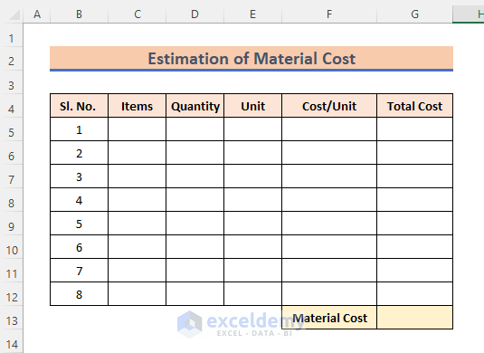 Building Dataset for Estimation and Costing Excel Sheet