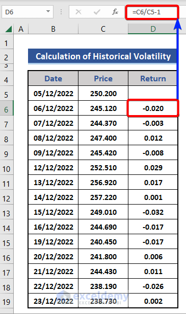Calculate Return for Volatility in Excel