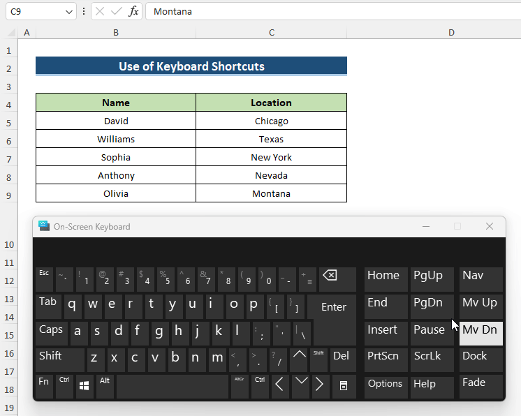 Apply Keyboard Shortcuts for Cell Navigation in Excel