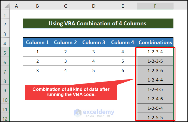 the result of Excel all combinations
