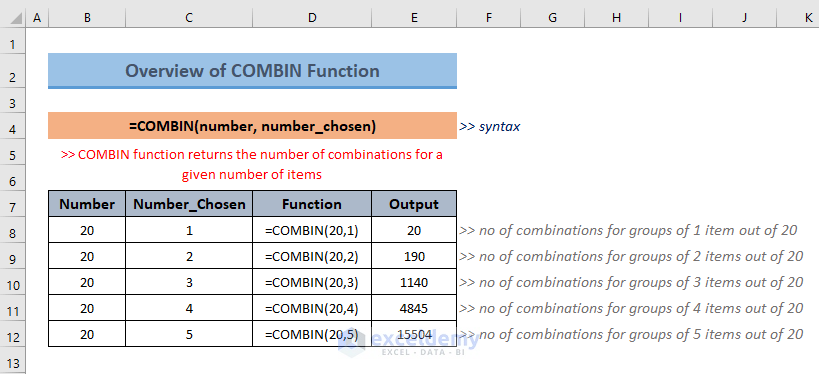 Excel COMBIN Function