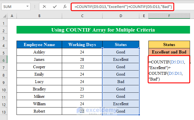 Using COUNTIF Function for Array with Multiple Criteria in Excel