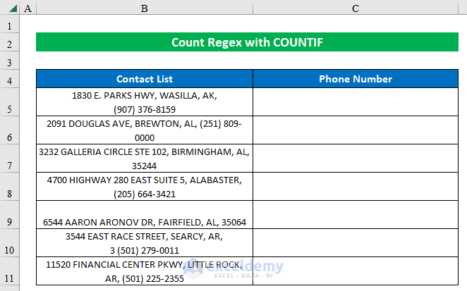 Sample dataset of COUNTIF Regex in Excel
