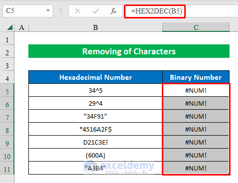 Remove characters to solve excel hex2dec not working
