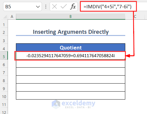 result after Inserting Arguments Directly into Excel IMDIV Function