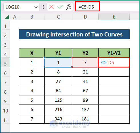 Calculation to Get Intersection of Two Curves in Excel
