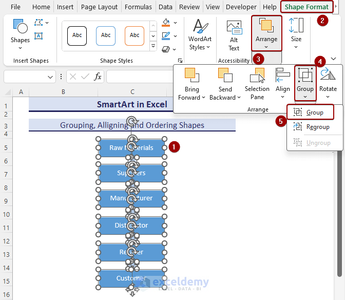 Grouping shapes with the Group command in Excel