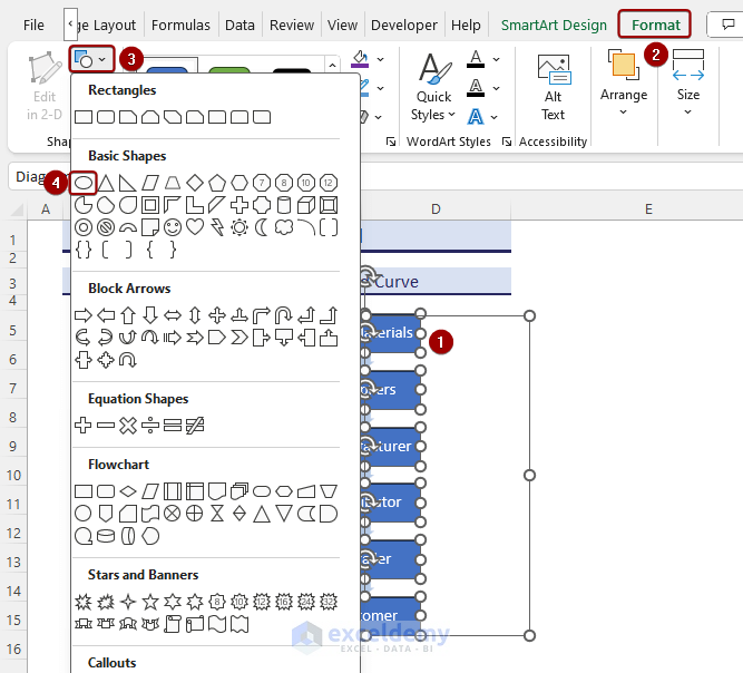 Selecting the Oval shape for SmartArt in Excel