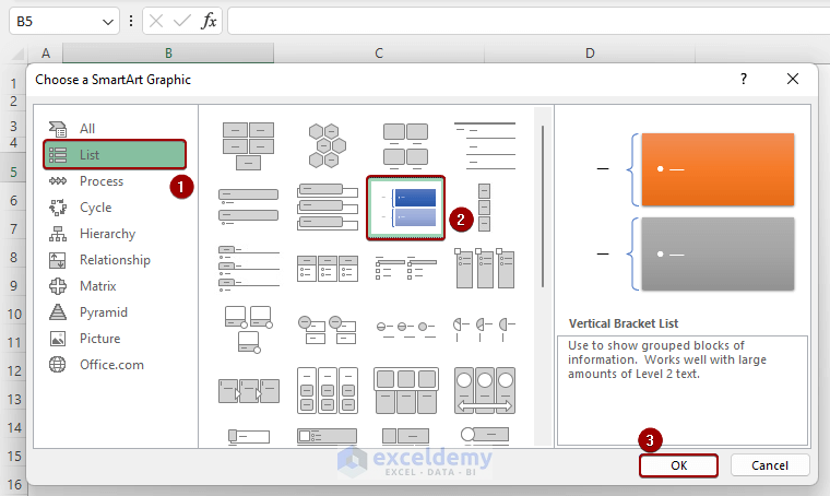 Selecting Vertical Bracket List SmartArt in Excel