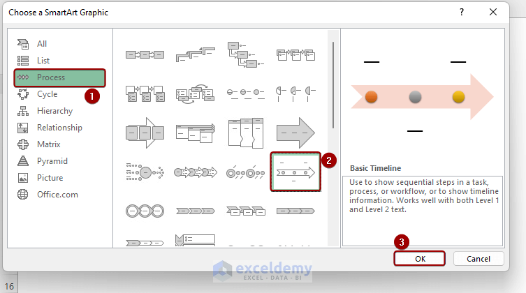 Selecting Basic Timeline Process SmartArt in Excel