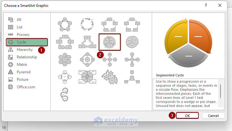 Selecting Segmented Cycle SmartArt in Excel