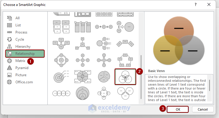 Selecting Basic Venn Relationship SmartArt in Excel