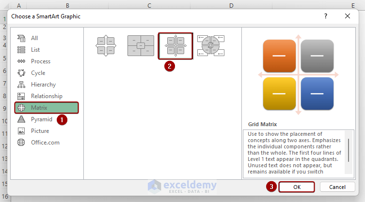 Selecting Grid Matrix SmartArt in Excel