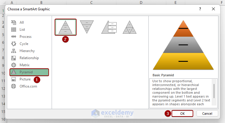 Selecting Basic Pyramid SmartArt in Excel