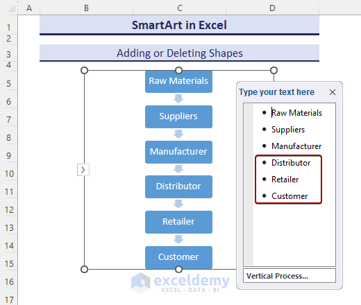 Adding data and inserting new shapes in SmartArt in Excel