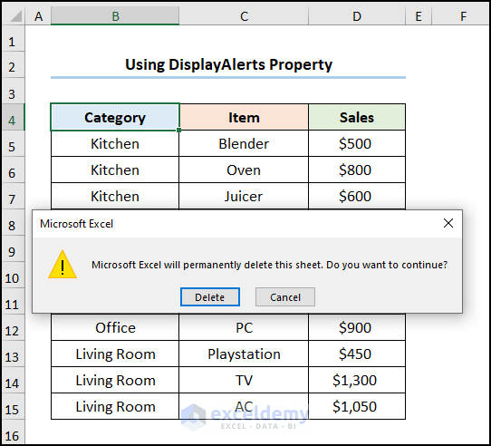 Overview image of excel vba disable alerts