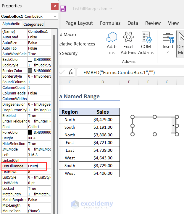 Defining a Named Range in ListFillRange Property of ComboBox in Excel