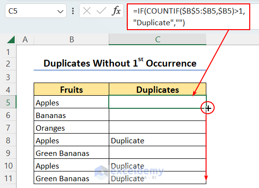 Searching for Duplicates Without the First Occurrence- Change the Range in IF-COUNTIF Formula Slightly