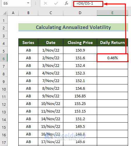 Calculating Daily Return to Calculate Annualized Volatility in Excel